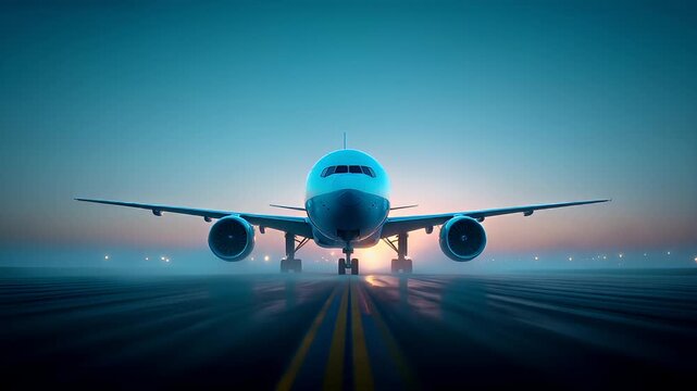 Travel trip journey. A vivid portrayal of an airplane taking off from an airport runway at twilight. The sky is a gradient of deep blues and purples.