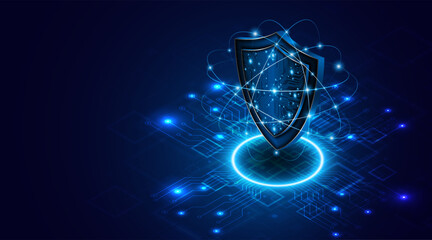 Abstract technology shield symbol with circuit board. Cyber ​​privacy and data protection concept. Modern security technology innovation background. © Natthakan