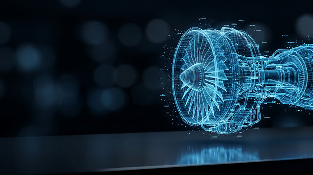 Holographic Digital Twin of Jet Engine Wireframe with Blue Data Points