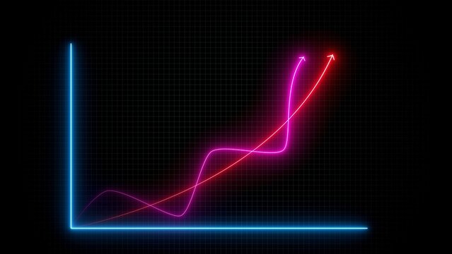 Glowing blue neon axis frame with magenta and red upward trending lines on a dark grid background, for financial data, visualization and corporate, business performance reporting, in digital media