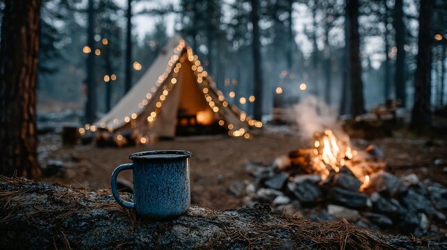 Boho camping aesthetic with illuminated tent and cozy firelight