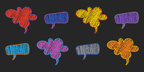 Colorful chalk doodle speech bubbles on blackboard background. © Nata_Smileyk ッ