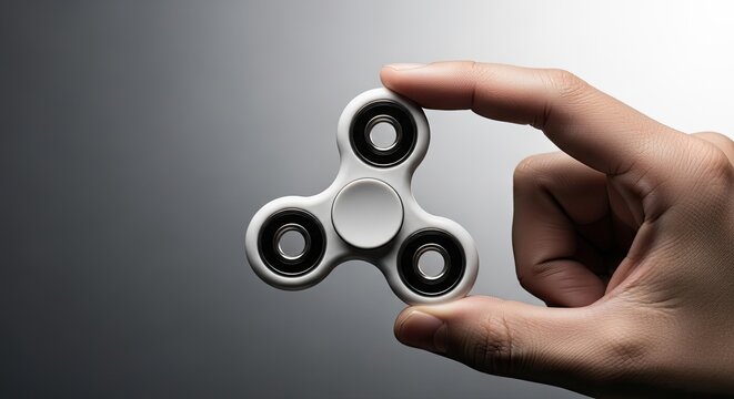 Hand holding a white fidget spinner toy against a grey background