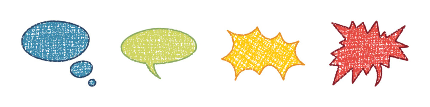Bright crayon doodle thought and speech bubbles with colorful starbursts.