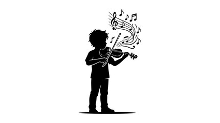 Silhouette of a young child playing the violin with musical notes. © Mahlul Qiyam