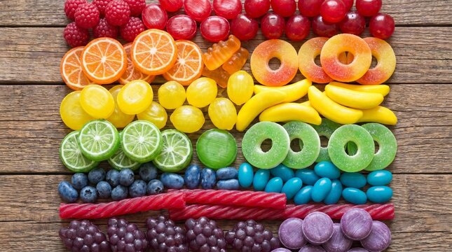 Colorful assortment of sweets, fruits, and candies arranged as a rainbow LGBTQ pride flag on a wooden table, top view flat lay