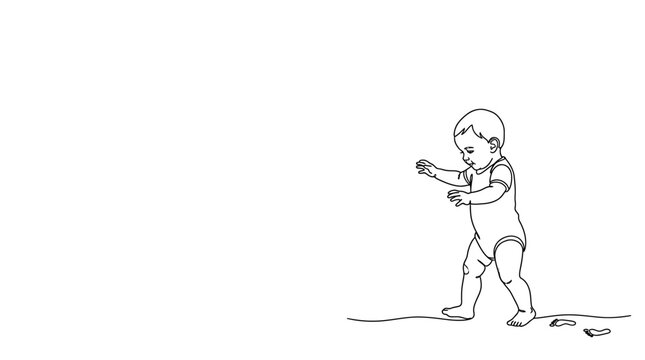 A line art illustration of a baby taking their first steps.