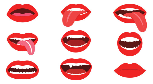 Set of red lips with tongues teeth and facial expressions isolated on white background vector illustration set.