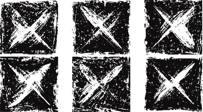 Set of six grunge black and white abstract x marks in square frames with rough textured edges