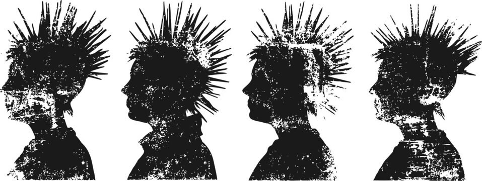 Grunge punk silhouettes with mohawk hairstyles in distressed black and white profile view