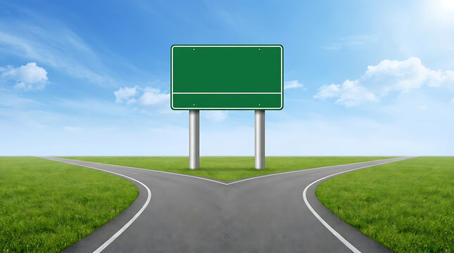 Blank green directional road sign at a highway split under a sunny blue sky.