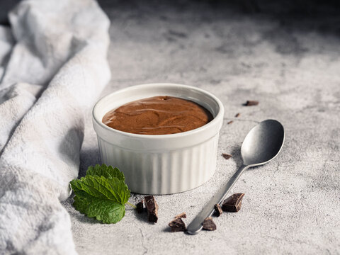 Homemade chocolate mousse served in ceramic ramekin