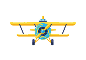 Yellow biplane front view flat vector illustration © Joan