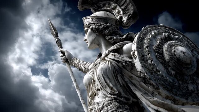 Greek mythology god Athena. Fantasy. A detailed statue of a Greek goddess, depicted in a side profile. She holds a spear in her right hand and a shield in her left.