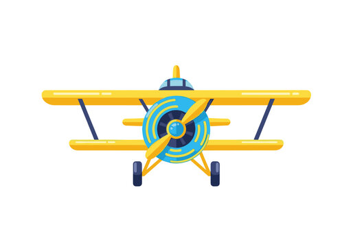 Yellow biplane front view flat vector illustration