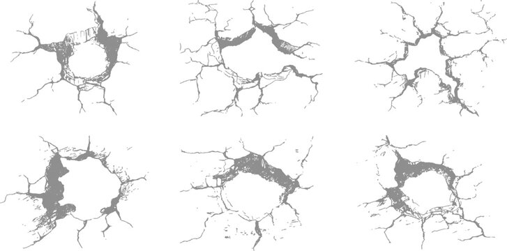 Set of hand drawn cracked surfaces and shattered glass holes texture elements isolated vector illustration.