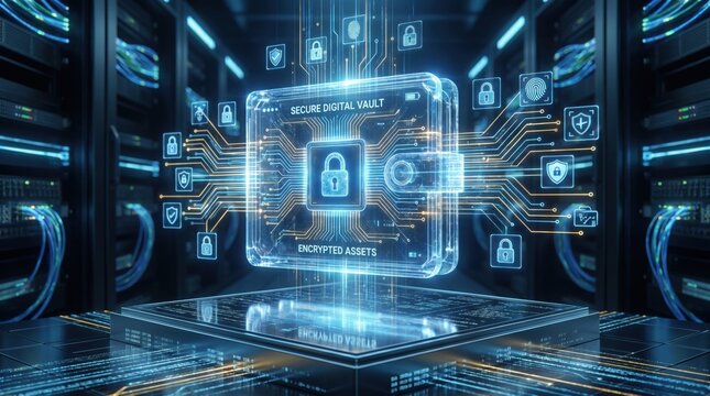 A futuristic digital vault with glowing blue circuits and padlocks on a transparent platform in.