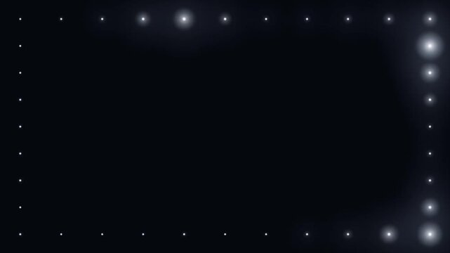 Rectangular Marquee Light Bulb Frame Animation on Black Background with Chasing Clockwise Illumination Loop, Theatrical Stage Lighting Border, Glowing White Bulbs and Lens Flare Effect