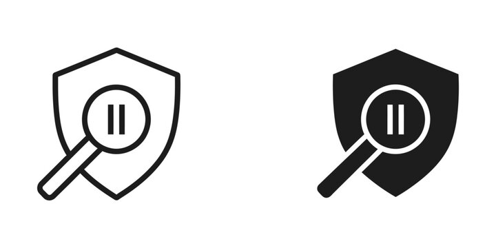 Shield with magnifying glass and pause icon in two styles