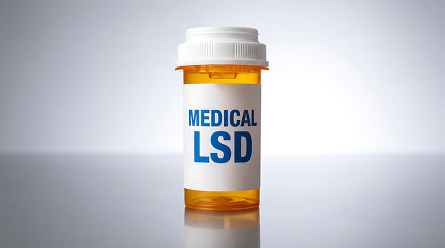 Prescription pill bottle with a label for medical LSD representing psychedelic therapy and pharmaceutical research on a neutral background.