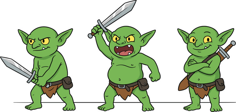 Fantasy Goblin Warrior Vector Character Set Featuring Little Green Monsters with Swords in Angry Aggressive and Smiling Poses for Gaming and RPG Designs