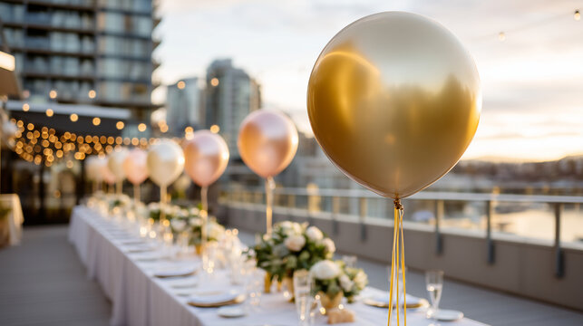 Ultra realistic commercial stock photo of an elegant prom celebration setup on a stylish rooftop terrace, large gold foil balloon floating prominently above a beautifully decorated