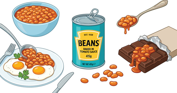 Baked Beans Vector Illustration Set with Tin Can Bowl Spoon Fried Eggs Breakfast and Weird Chocolate Food Pairing for Creative Culinary Designs