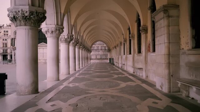 Elegant Venetian architecture with ornate columns and patterned floor in daylight