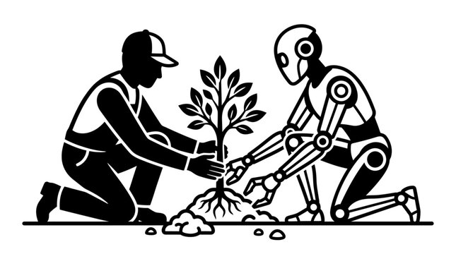 A farmer and a robot planting a tree together in a collaborative effort.