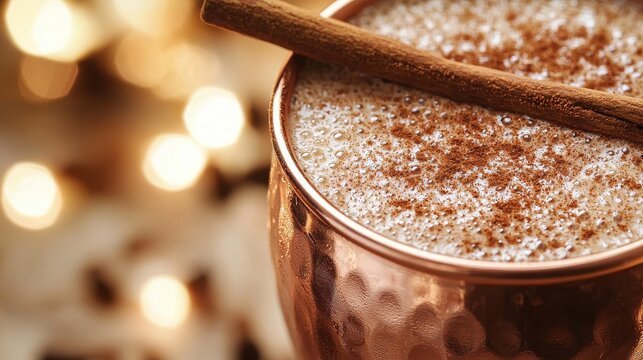 Premium cinnamon atole served in elegant copper mug with ground cinnamon dusting and wooden stick garnish at upscale Mexican restaurant