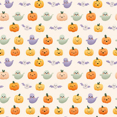 Obraz premium Colorful Halloween pattern featuring cute pumpkins and friendly ghosts in a playful arrangement