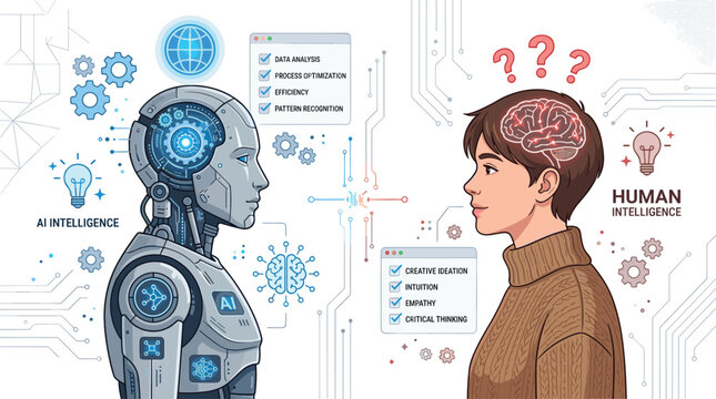 Artificial Intelligence vs Human Intelligence Comparison Vector Illustration with Android Robot and Person Profiling Logic Data and Creative Brain Capabilities for Technology Concepts