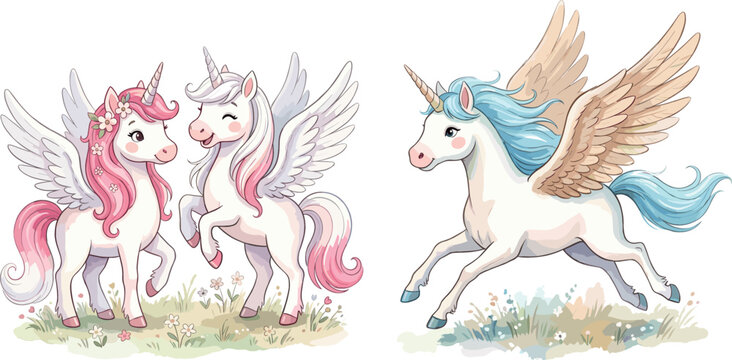 Adorable unicorn and pegasus vector set featuring magical winged horses with pink and blue manes for nursery, fairytale, and children's storybook designs.