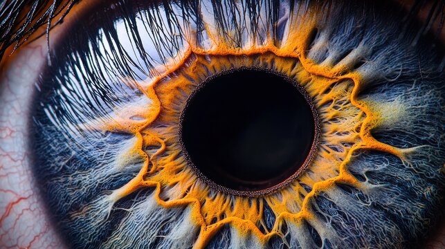 Pupil border detail macro closeup iris collarette natural pigmentation golden orange blue radial patterns color variations textural complexity professional lighting