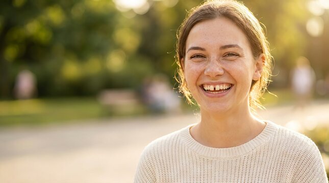 Portrait of a happy young woman with gap teeth smiling broadly in a sunny park during golden hour.