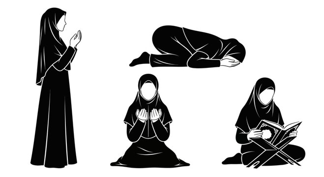 Set of black and white illustrations of a Muslim woman performing various religious acts.