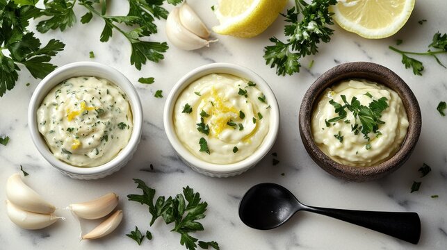Premium aioli sauce trio in ceramic bowls with fresh parsley garlic lemon on marble surface gourmet restaurant presentation culinary condiment display