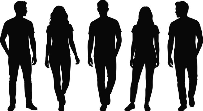 Silhouettes of five people walking, black figures on white background