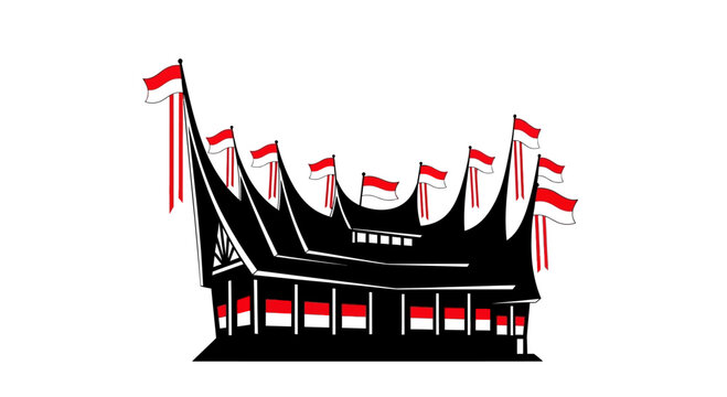 Traditional Indonesian Rumah Gadang House Silhouette with Flags.