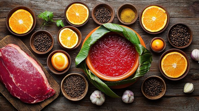 Traditional cochinita pibil ingredients flatlay with banana leaf-lined ceramic bowl filled with red achiote paste, fresh orange halves, black peppercorns, and raw pork