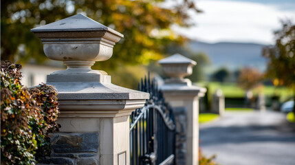 Obraz premium Professional architectural photography of elegant limestone and granite pier caps installed on stone pillars at entrance gates, Irish countryside estate setting, natural lighting,