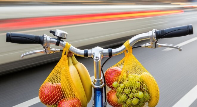 Bicycle handlebars with shopping bags full of fresh fruit and vegetables, motion blur background.