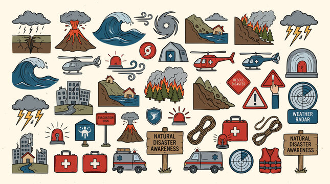Natural disaster awareness icons set, emergency rescue equipment, weather hazards, and safety signs for disaster preparedness and relief