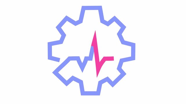 Medical engineering icon with blue and pink line art gear and heartbeat waveform icon cartoon animation isolated on a transparent background. Healthcare process optimization element concept.