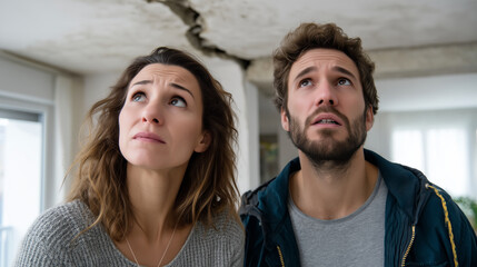 Obraz premium Worried young couple looking at serious cracks in wall of house they're viewing, concerned expressions, damp stains visible on ceiling, structural problems evident, natural indoor