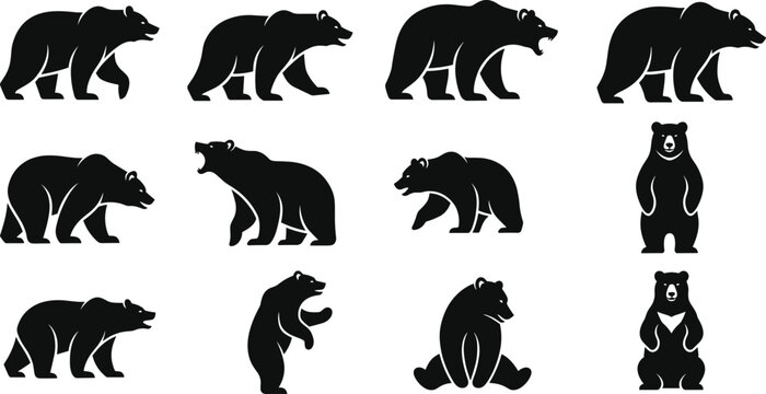 Black bear silhouette icon set showing walking, roaring, sitting, wildlife animal, forest creature, nature concept, isolated vector design illustration.