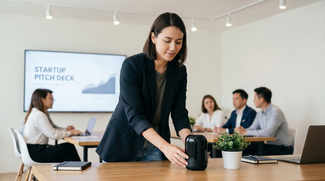 A female presenter sets up a smart speaker for a startup pitch presentation, with her colleagues attentive in the background.