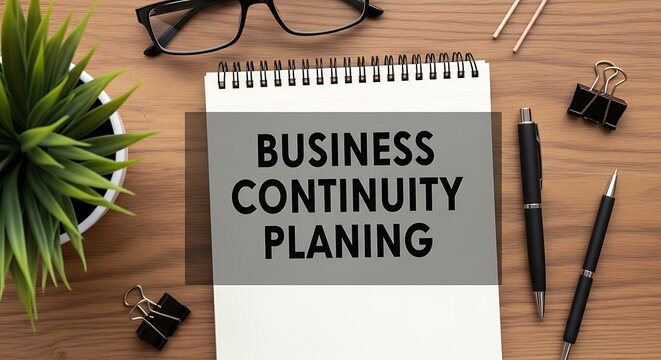 Business Continuity Planing text on notebook, professional office desk workspace with pens and glasses, corporate risk management strategy concept