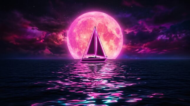 Sailboat gliding under a pink moon ocean waters digital art serene night dreamy scene