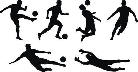 Black silhouettes of soccer players in various poses, kicking and saving balls white background © Aysha
